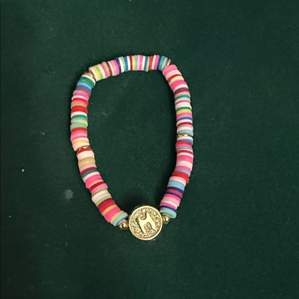 Colorful Beaded Bracelet with "M" or "W" Initial Gold Charm Stretch Bracelet